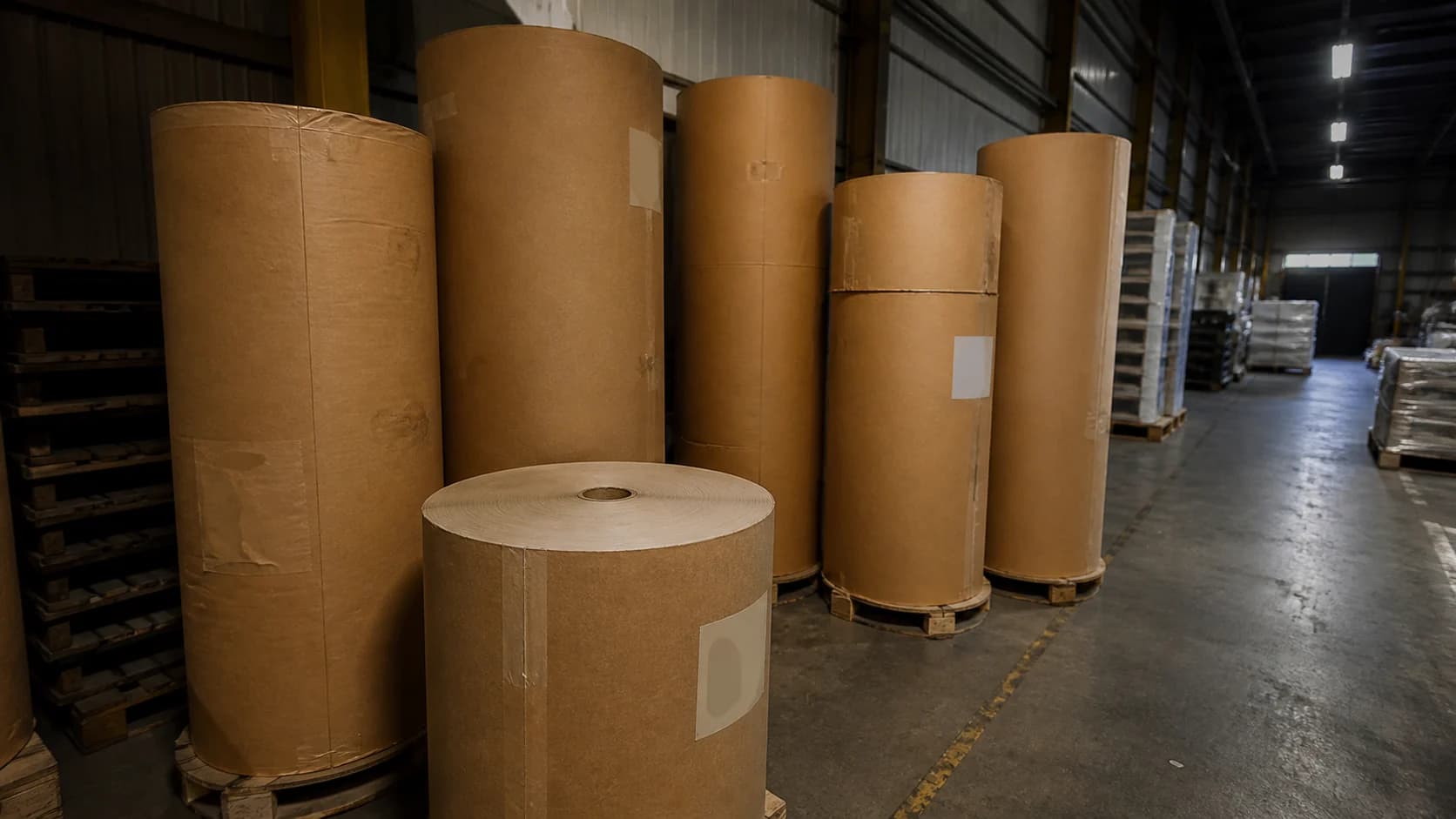 Kraft-wrapped finished paper rolls stored upright beside a working warehouse aisle.